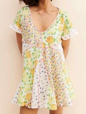 NWT Free People Wildflower Patchwork Mini Dress Ruffle boho lined yellow/pink M